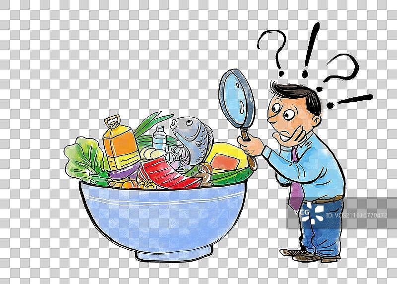 元素：卡通男人拿着放大镜仔细观察碗里的蔬菜水果米面粮油，食品安全问题漫画图片素材