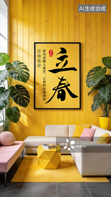 【AI数字艺术】二十四节气-立春海报设计模板  家居风格，明亮的客厅一角沙发茶几绿植阳光  黄色调室内家具场景 竖版图片素材