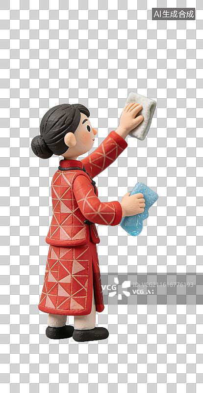 【AI数字艺术】3D粘土风身着红色传统服饰的女子擦窗户花窗元素图片素材
