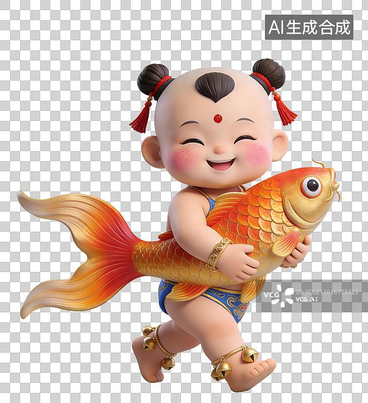 【AI数字艺术】3D立体中国风招财童子年画娃娃抱着一个金橘色的锦鲤元素图片素材