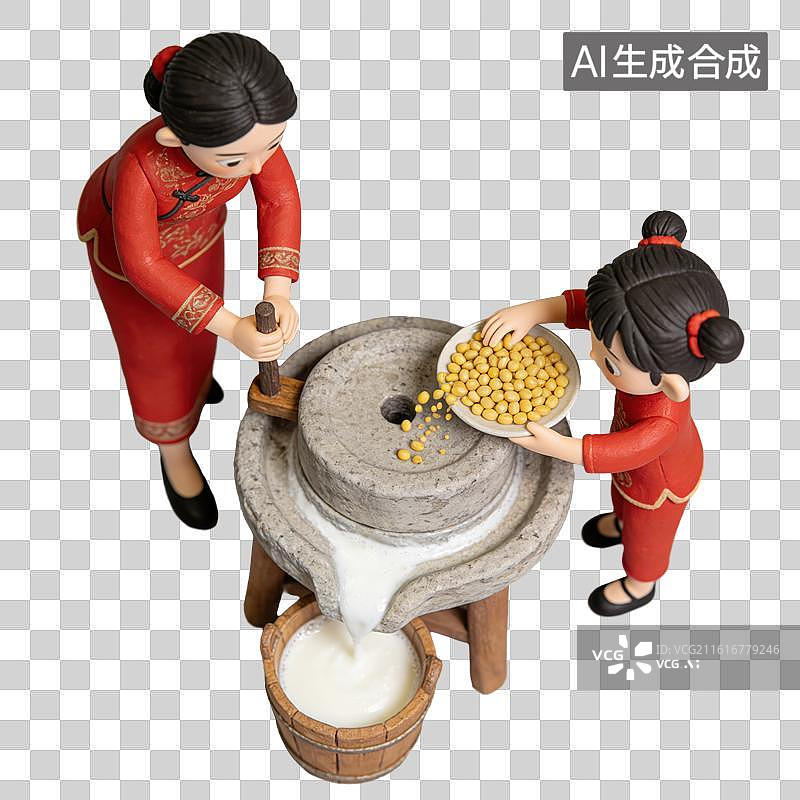 【AI数字艺术】3D粘土风穿着红色传统服饰的女性正握着木柄推动石磨在木凳上的女孩黄豆倒入磨眼元素图片素材