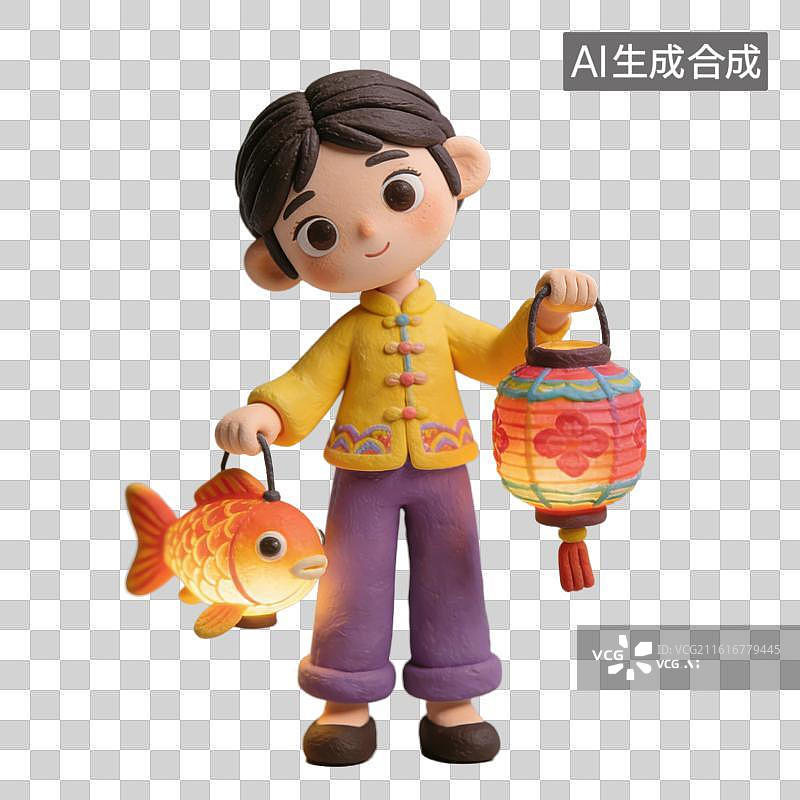 【AI数字艺术】3D粘土风穿着中式服装小孩拿着灯笼花灯元素图片素材