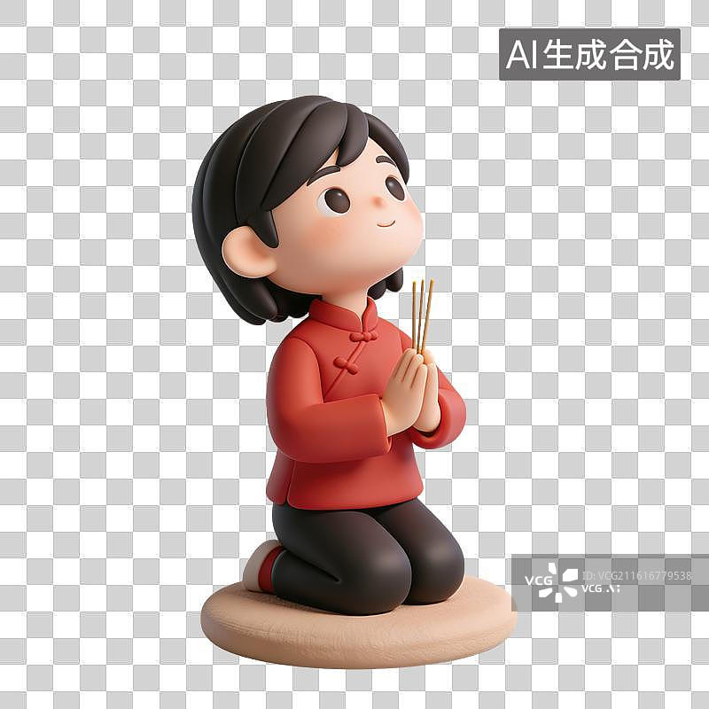 【AI数字艺术】3D立体女孩手持三炷香跪在蒲团上祭拜祖先神明元素图片素材