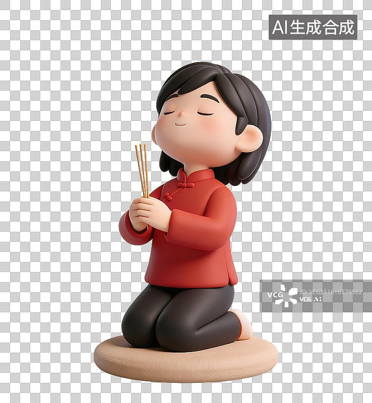 【AI数字艺术】3D立体女孩手持三炷香跪在蒲团上祭拜祖先神明元素图片素材