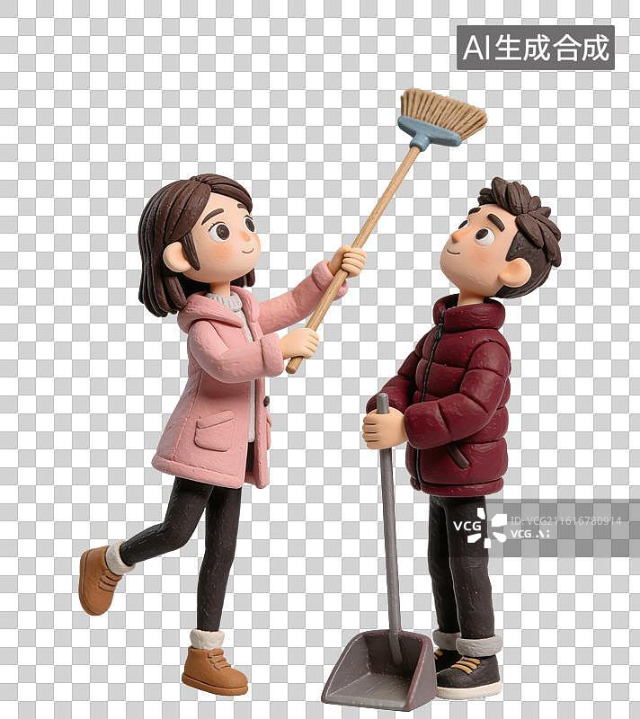 【AI数字艺术】3D粘土风一对年轻男女共同打扫拿着扫帚和簸箕元素图片素材