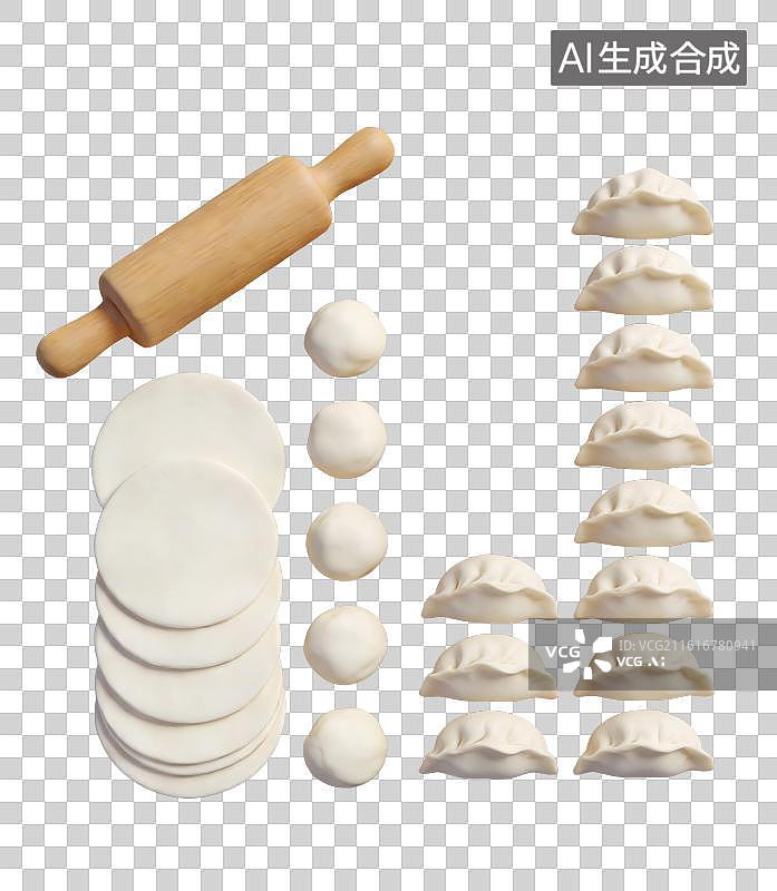 【AI数字艺术】3D立体春节家庭包饺子的准备场景木质案板小面团擀好的面皮擀面杖元素图片素材