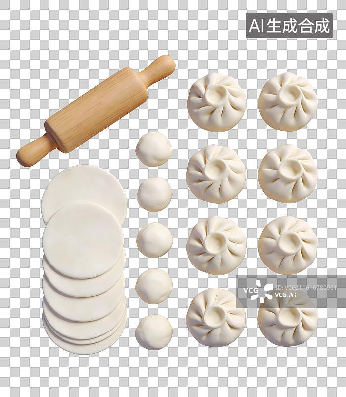 【AI数字艺术】3D立体春节家庭包饺子的准备场景木质案板小面团擀好的面皮擀面杖元素图片素材