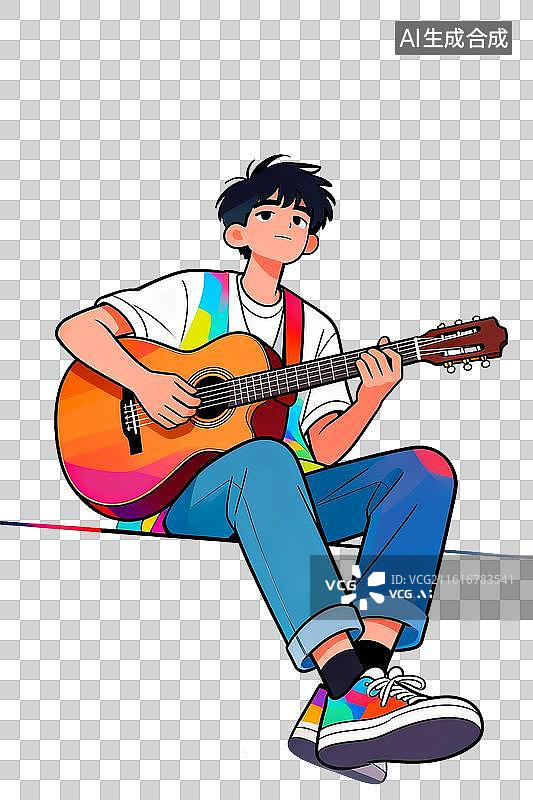 【AI数字艺术】孟菲斯扁平潮流少年弹吉他休闲插画图片素材