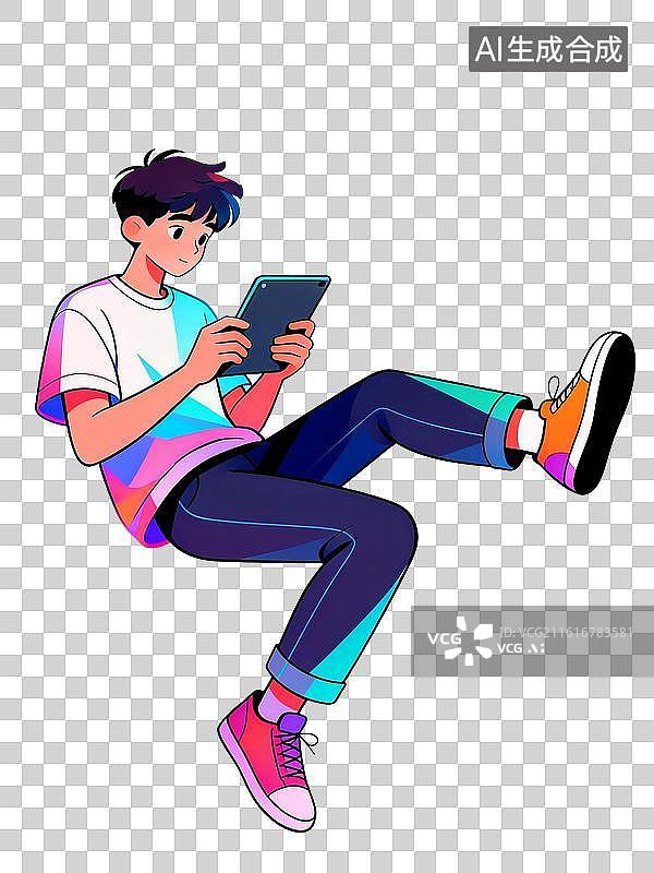 【AI数字艺术】孟菲斯扁平潮流少年持平板休闲插画图片素材