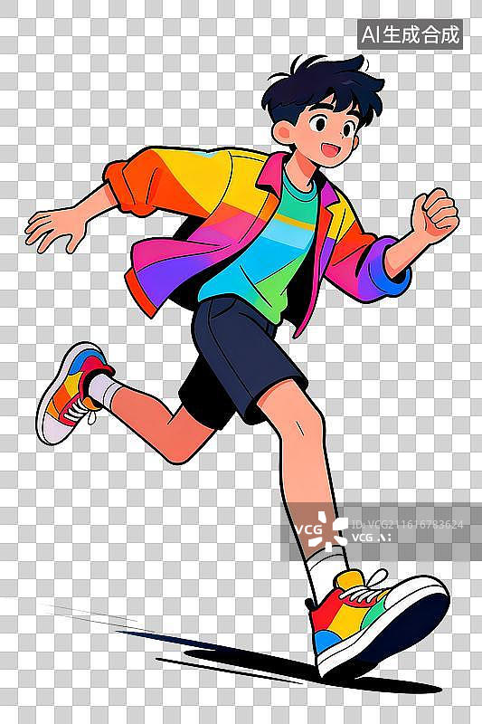 【AI数字艺术】孟菲斯扁平活力少年奔跑潮流插画图片素材