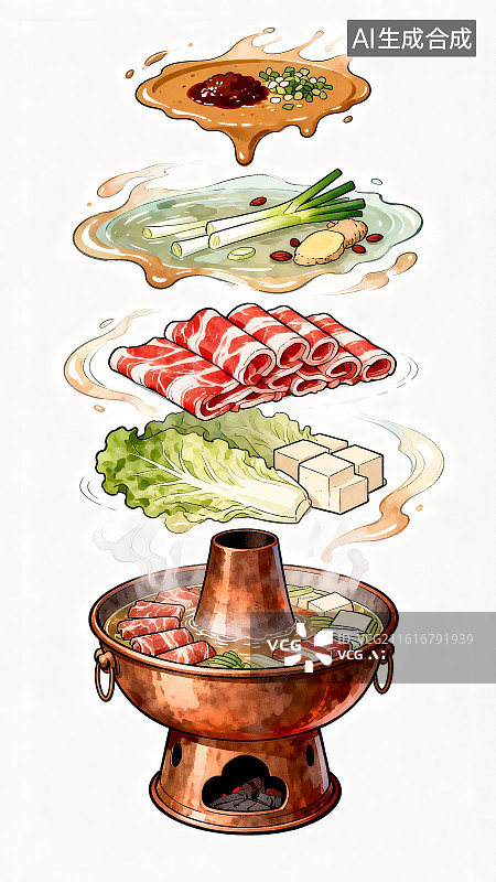 【AI数字艺术】国潮风铜锅涮肉分解图垂直展开视图火锅中国食品手绘插画图片素材