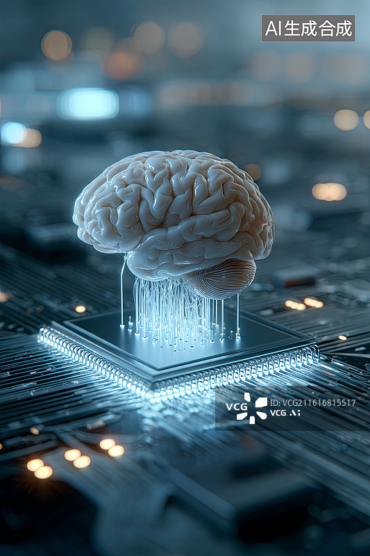 【AI数字艺术】大脑与芯片连接的科技场景图片素材