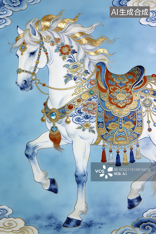 【AI数字艺术】华丽装饰的白色神马插画图片素材