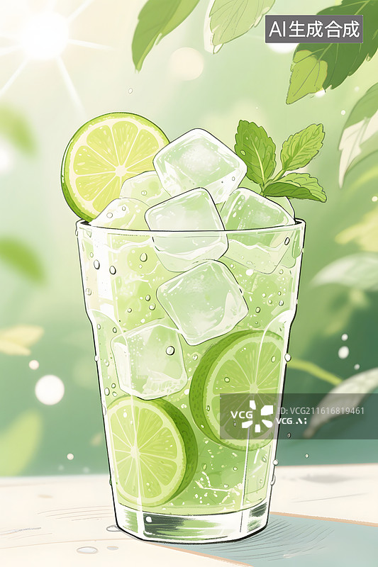【AI数字艺术】手绘香水柠檬青柠薄荷水莫吉托图片素材