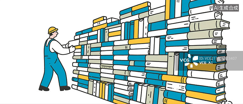 【AI数字艺术】一个工人正在用书本砌墙，一堵书垒成的墙，书墙图片素材