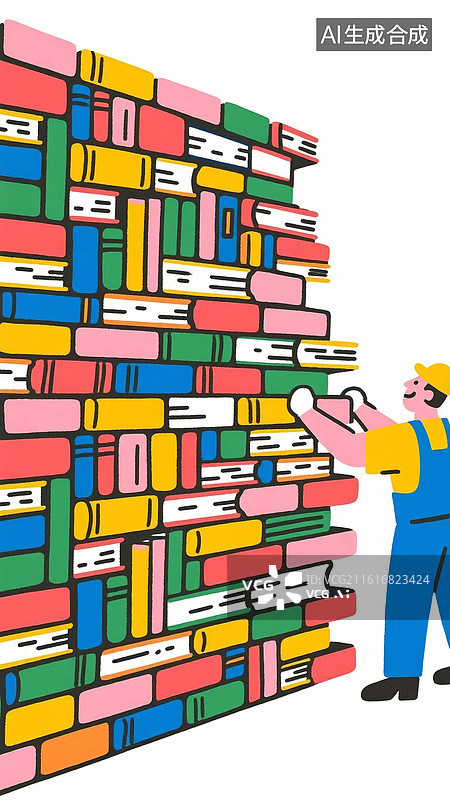 【AI数字艺术】一个工人正在用书本砌墙，一堵书垒成的墙，书墙图片素材