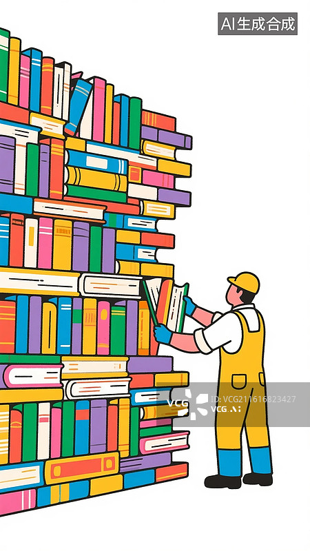 【AI数字艺术】一个工人正在用书本砌墙，一堵书垒成的墙，书墙图片素材