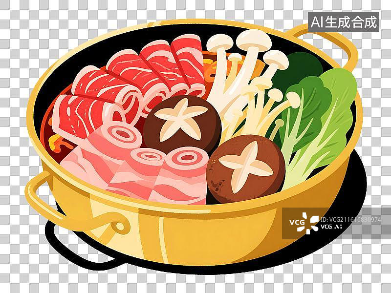 【AI数字艺术】蜡笔彩铅手绘火锅铜锅涮羊肉蔬菜金针菇蘑菇免扣元素图片素材