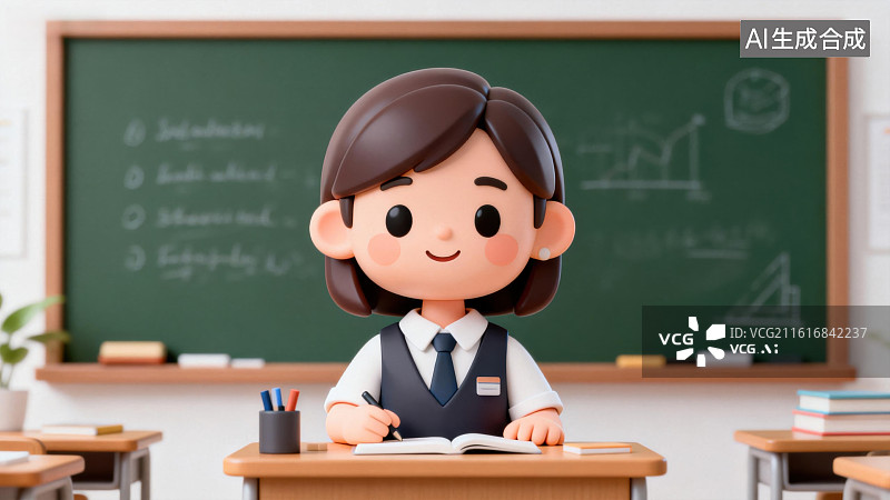 【AI数字艺术】教室里的卡通老师正在备课图片素材