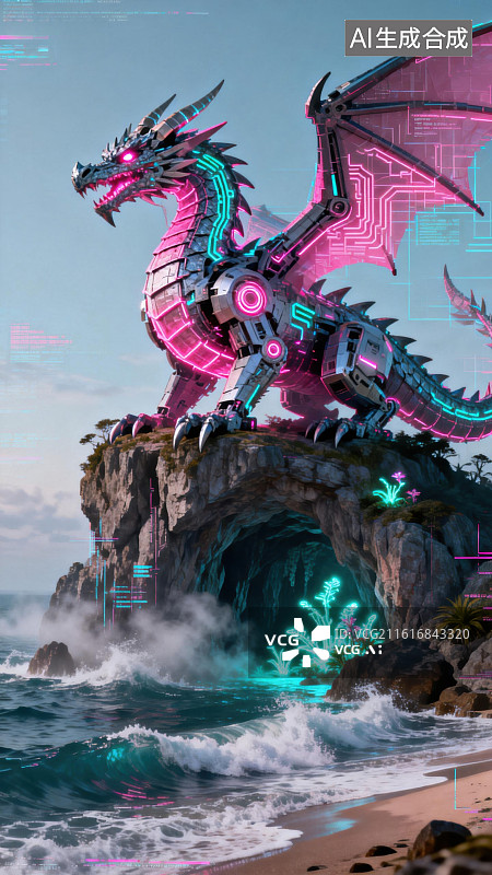 【AI数字艺术】机械龙伫立海崖之上图片素材
