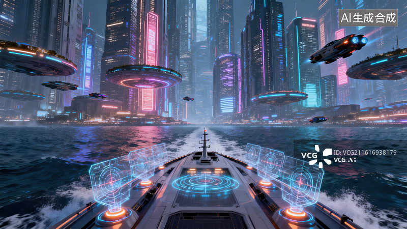 【AI数字艺术】未来城市水上飞艇航行图片素材