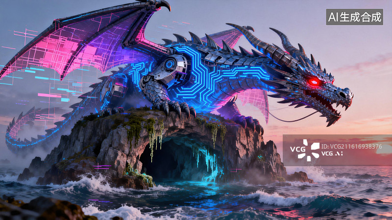 【AI数字艺术】机械龙盘踞海中岩石图片素材