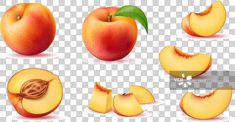 逼真的成熟桃子，包含完整、半切和切片图片素材