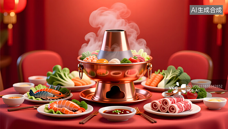 【AI数字艺术】节日家庭聚餐场景中精美火锅插画图片素材