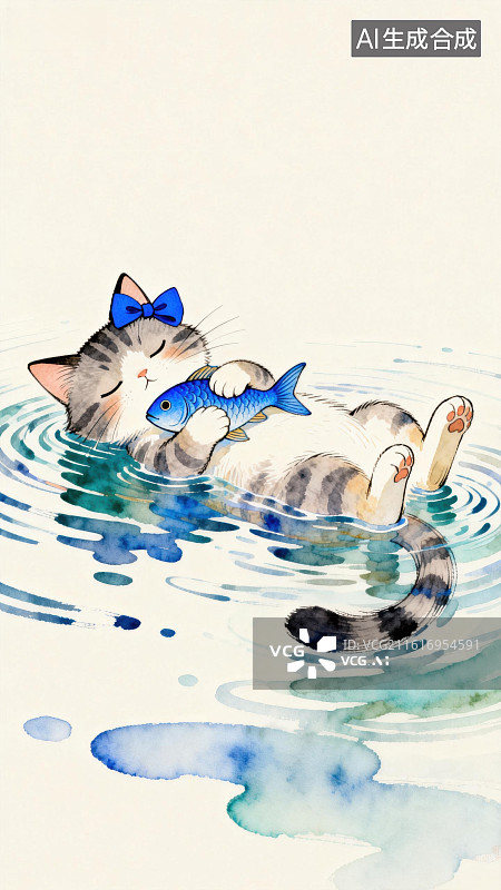 【AI数字艺术】猫咪水中嬉戏抱鱼图片素材