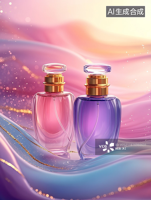 【AI数字艺术】粉紫柔雾背景下的两瓶精致香水图片素材