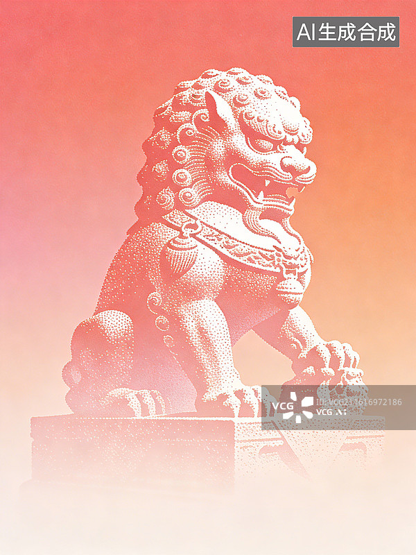 【AI数字艺术】一只石狮子雕像在红色渐变背景前，细节丰富，姿态威严，象征力量与守护图片素材