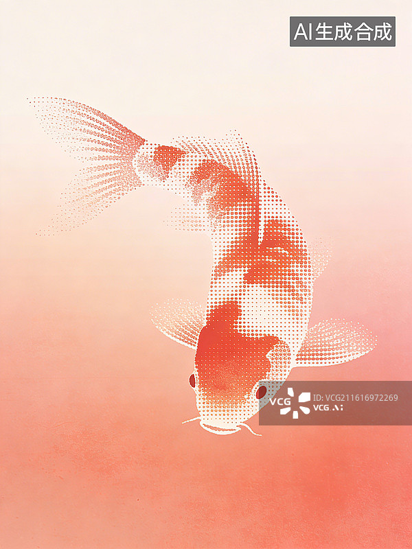 【AI数字艺术】一条由红色和白色圆点组成的锦鲤在渐变的红色背景中游动，尾巴和鳍部呈现出放射状的点阵效果图片素材
