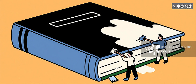 【AI数字艺术】两个微小的人在给巨大的书本涂色图片素材