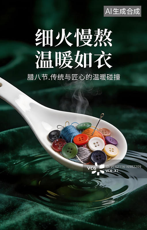 【AI数字艺术】时尚腊八海报毛衣毛线针织丝绸背景勺子珍珠纽扣创意设计图片素材