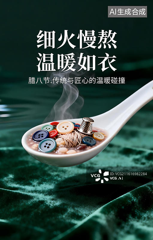 【AI数字艺术】时尚腊八海报毛衣毛线针织丝绸背景勺子珍珠纽扣创意设计图片素材