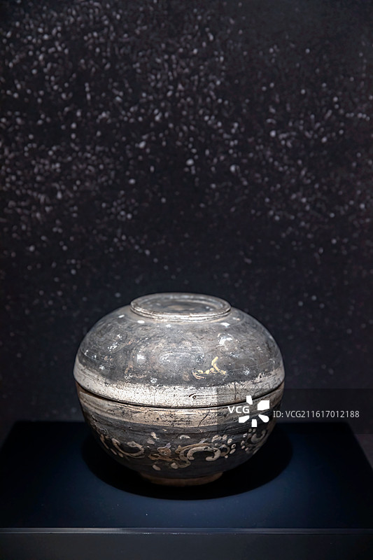 南京博物院《万相-中国传统色彩之美》黑地白花灰陶盖盒 汉图片素材