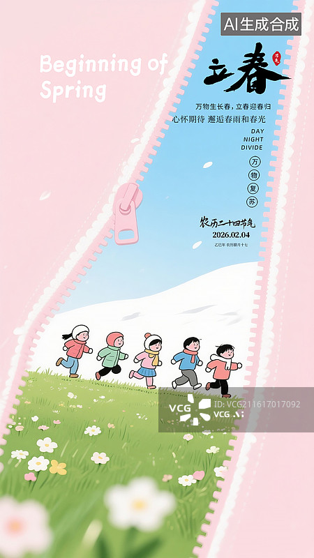 【AI数字艺术】二十四节气-春天 创意插画海报 雪地拉链开启春日花园，拉链里是一群小孩在草地上奔跑，雪山未融化，竖版图片素材