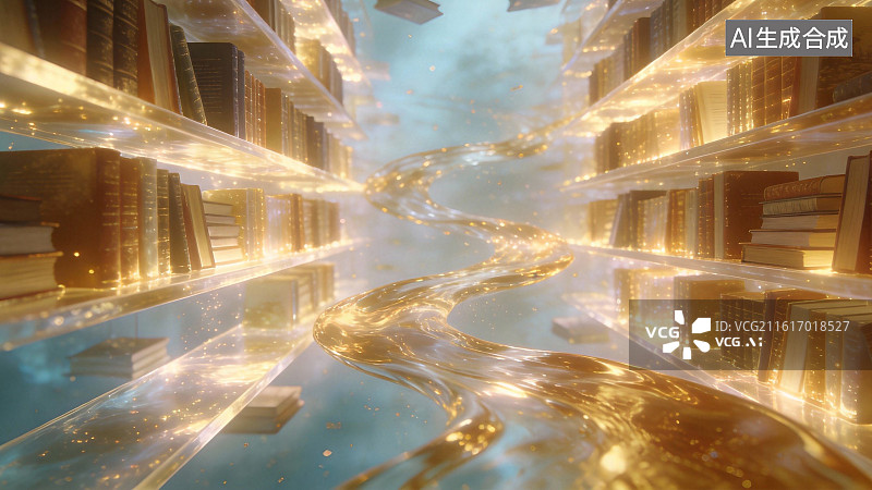 【AI数字艺术】金色书架间的光流通道图片素材