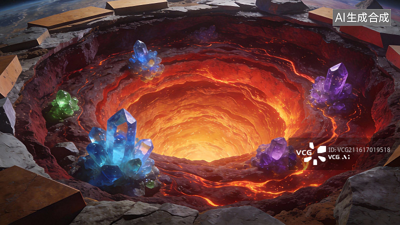 【AI数字艺术】熔岩坑中的发光水晶图片素材