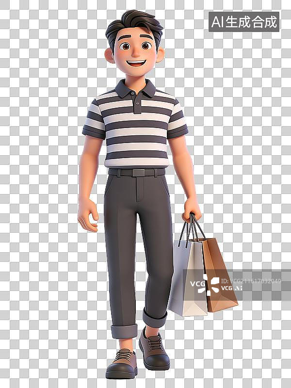 【AI数字艺术】年轻男性，面带微笑，手持购物袋，穿着条纹Polo衫、灰色长裤和棕色皮鞋，展现休闲时尚风格图片素材