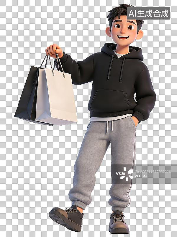 【AI数字艺术】年轻男性，面带微笑，手持购物袋，穿着黑色连帽衫灰色运动裤和棕色鞋子，休闲而愉悦图片素材