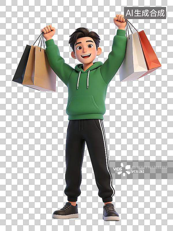 【AI数字艺术】年轻男性卡通角色，面带微笑，双手高举购物袋，身穿绿色连帽衫、黑色运动裤和黑色运动鞋，开心满足图片素材