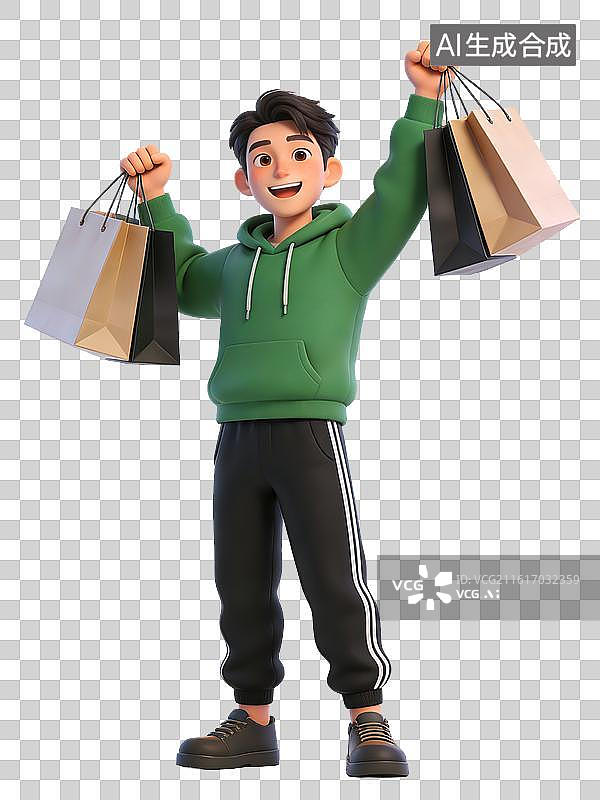【AI数字艺术】年轻男性卡通角色，面带微笑，双手高举购物袋，身穿绿色连帽衫、黑色运动裤和棕色鞋子，开心满足图片素材