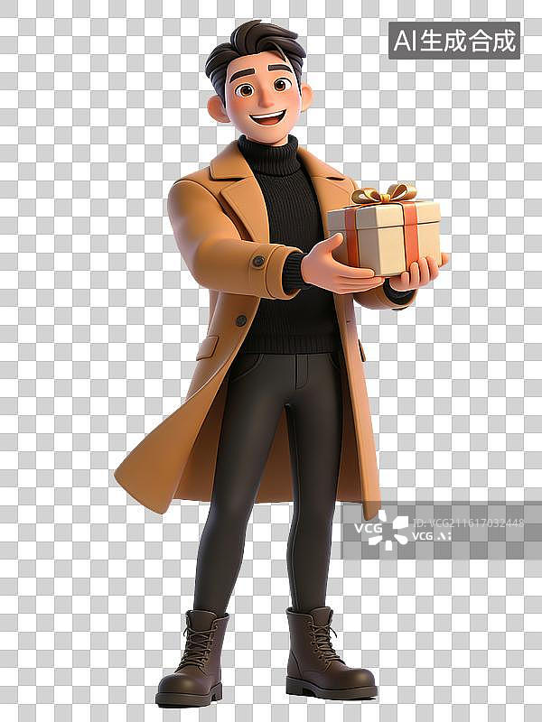 【AI数字艺术】年轻男性，面带微笑，手持礼物盒，身穿棕色大衣、黑色毛衣、紧身裤和棕色靴子，整体形象时尚图片素材