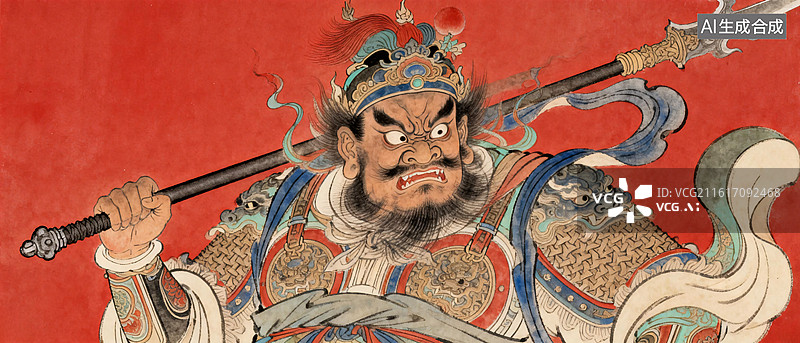 【AI数字艺术】中国传统红脸门神持兵器画像图片素材