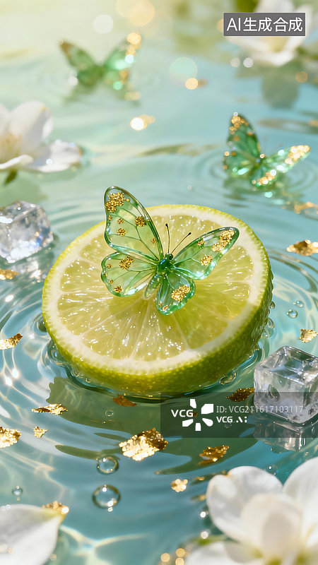 【AI数字艺术】夏日清新唯美蝴蝶柠檬电商背景壁纸图片素材