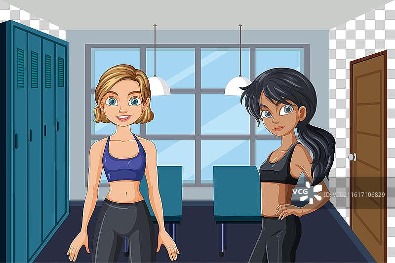 两个女人在健身房更衣室图片素材