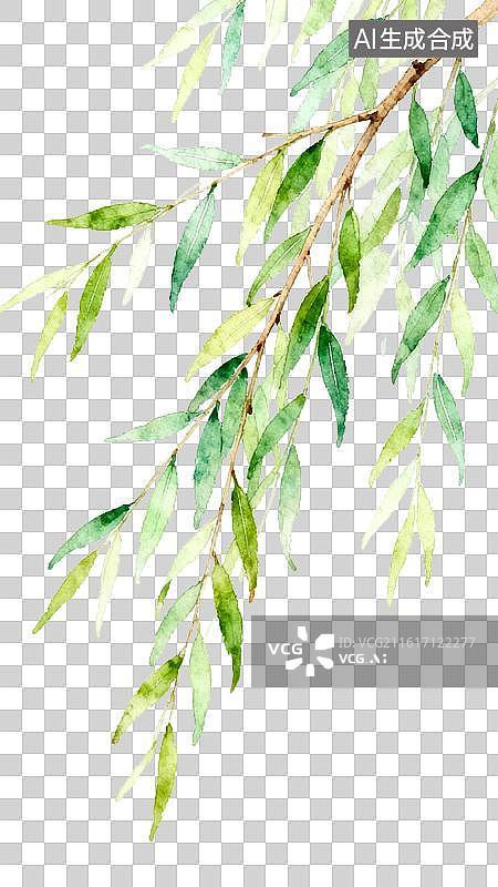 【AI数字艺术】翠绿柳叶清新风水墨枝叶场景图片素材