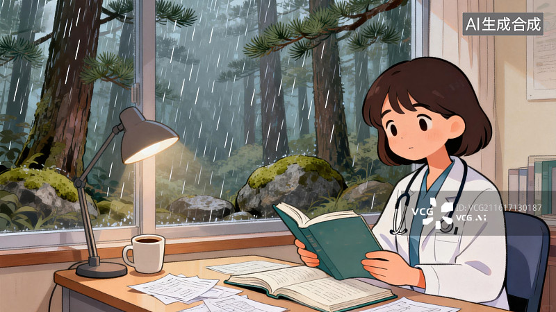 【AI数字艺术】医生在雨天窗边阅读图片素材