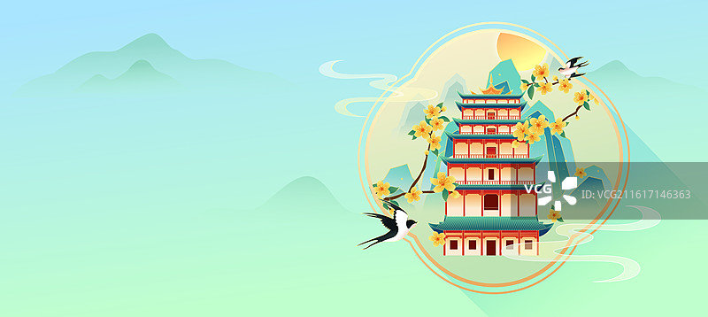 国风节气立春敦煌城市建筑矢量插画图片素材